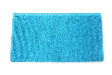 Soft blue terry towel isolated on white, top view