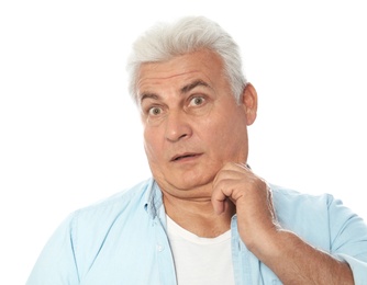 Emotional mature man with double chin on white background