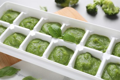 Photo of Broccoli puree in ice cube tray and ingredients on table, closeup. Ready for freezing