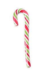 Photo of Sweet Christmas candy cane on white background