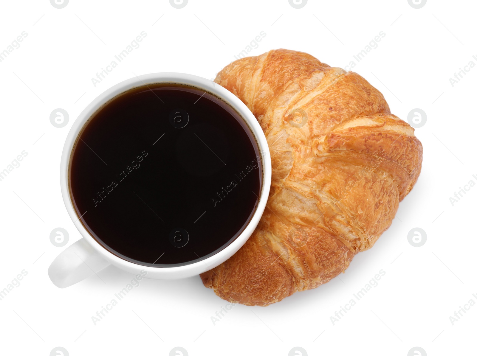 Photo of Fresh croissant and coffee isolated on white, top view. Tasty breakfast