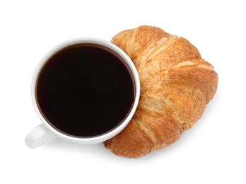 Photo of Fresh croissant and coffee isolated on white, top view. Tasty breakfast