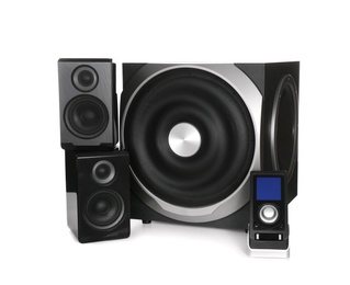 Photo of Modern powerful audio speaker system with remote on white background