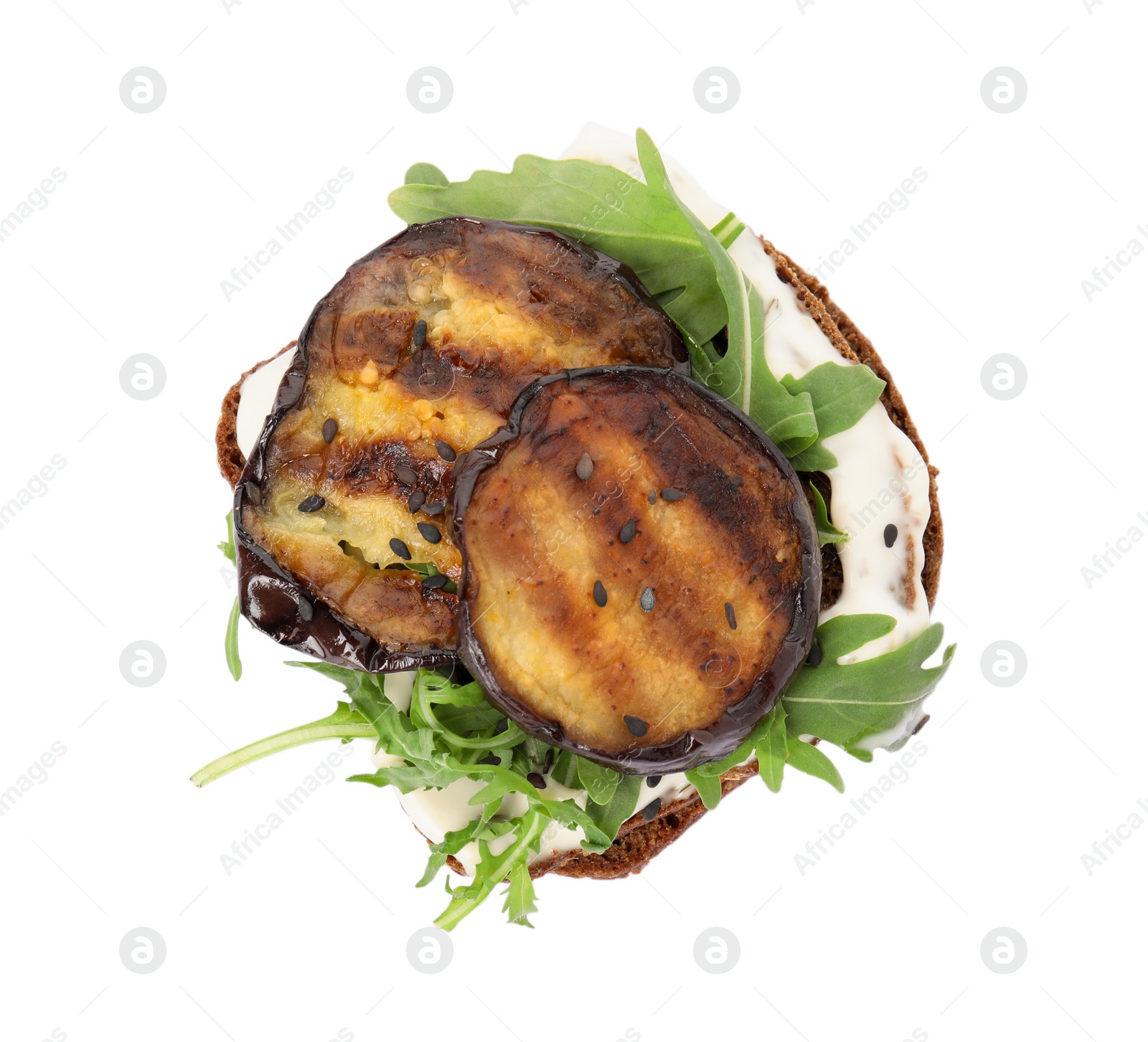 Photo of Delicious fresh eggplant sandwich isolated on white, top view