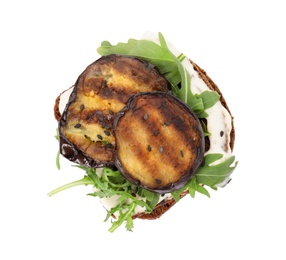 Photo of Delicious fresh eggplant sandwich isolated on white, top view