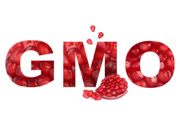 Image of Abbreviation GMO made of pomegranate seeds on white background