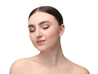 Makeup product. Woman with black eyeliner and beautiful eyebrows on white background