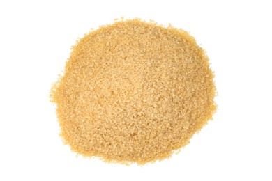 Pile of brown sugar isolated on white, top view