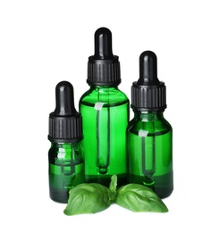 Different bottles of essential oils and basil on white background