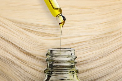 Image of Dripping serum from pipette into bottle against beautiful blonde hair