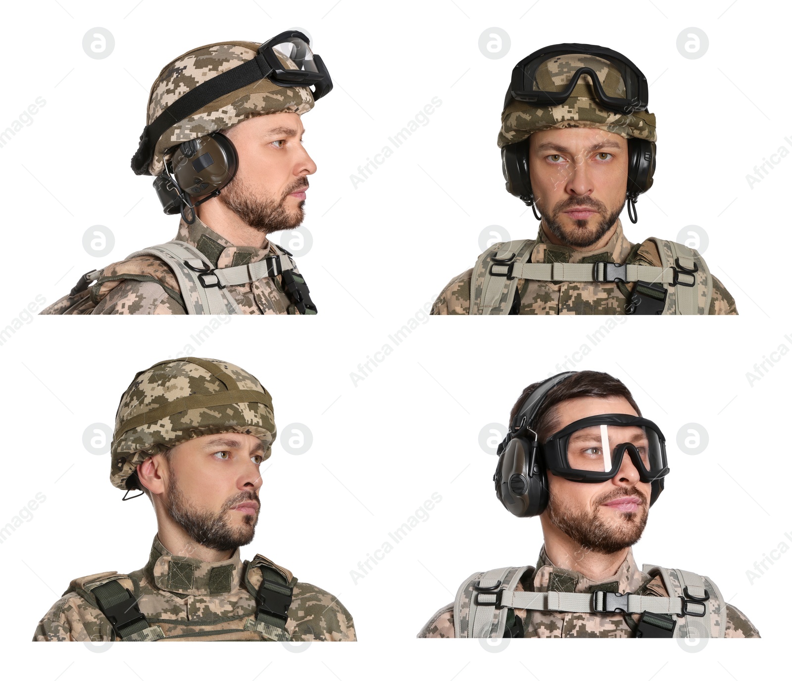 Image of Collage with photos of Ukrainian soldier wearing military uniform on white background