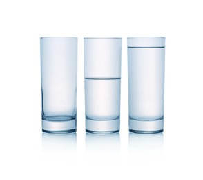 Empty, half full and full glasses of water on white background