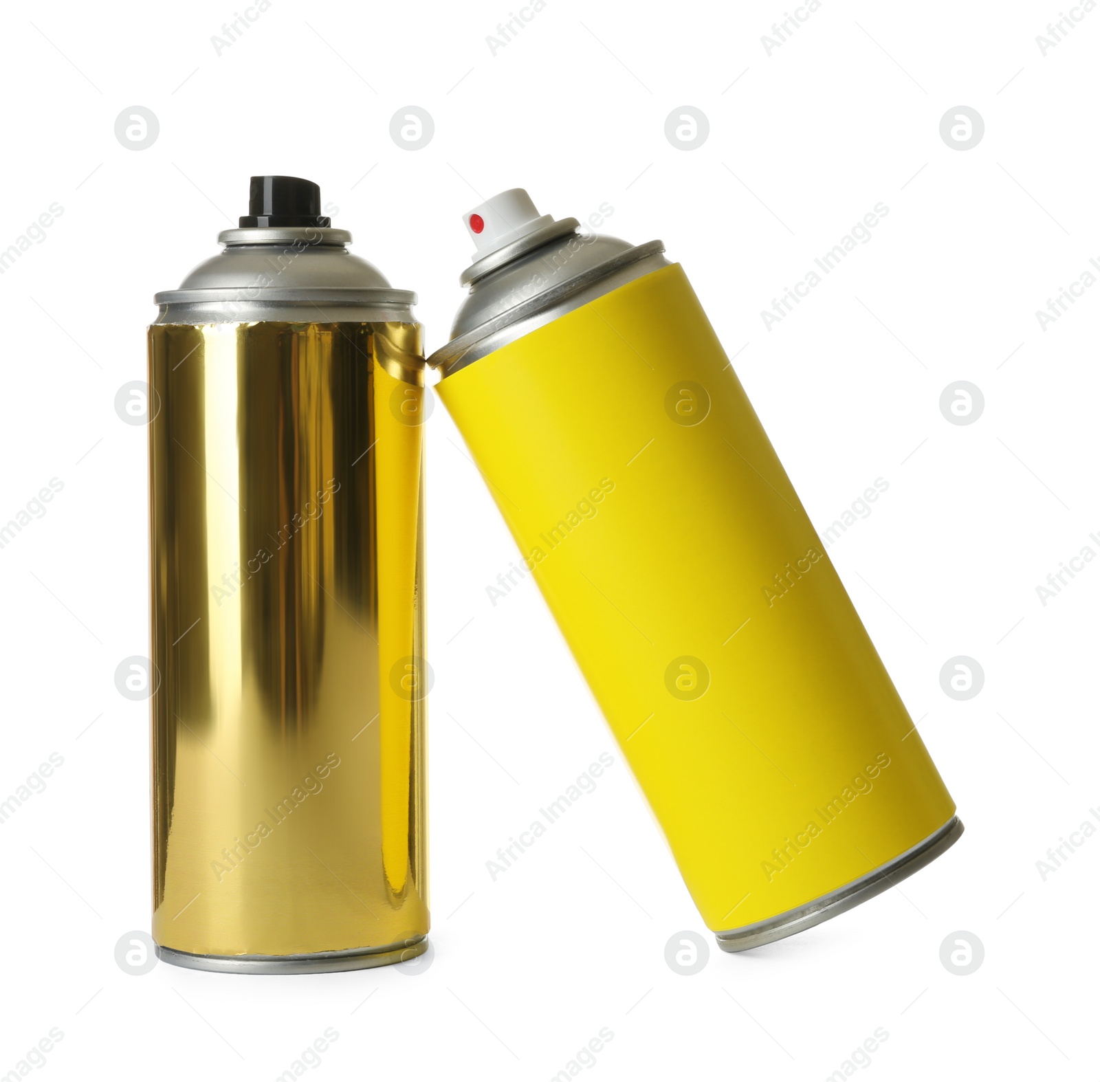 Photo of Cans of different spray paints on white background