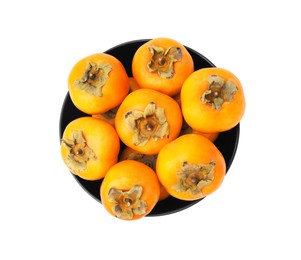 Photo of Bowl with whole delicious juicy persimmons isolated on white, top view