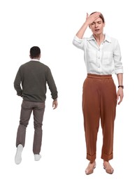Giant woman and small man on white background