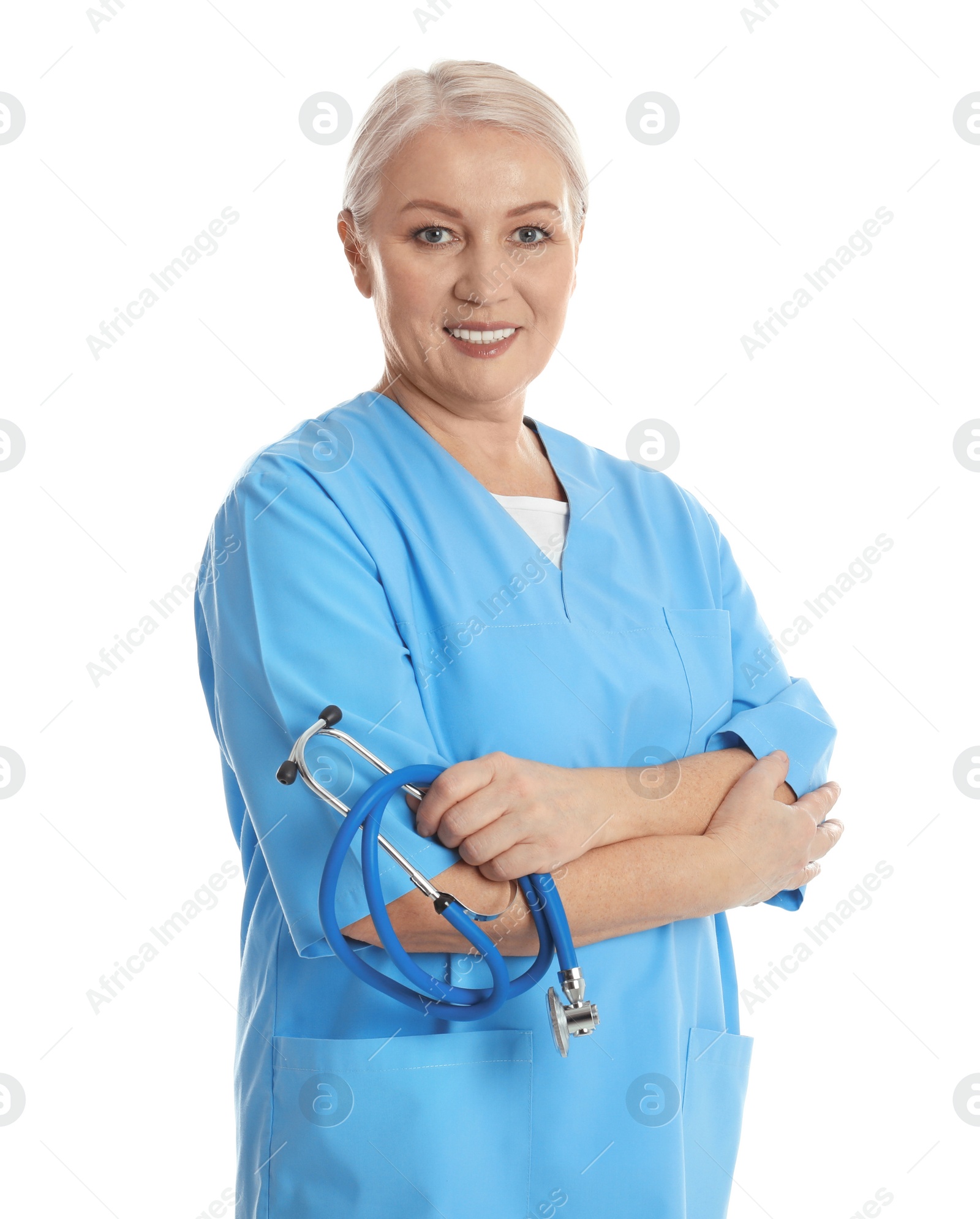 Photo of Portrait of mature doctor with stethoscope on white background