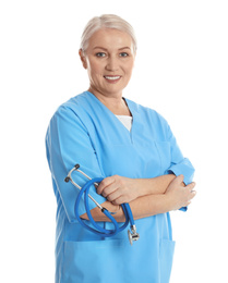 Portrait of mature doctor with stethoscope on white background