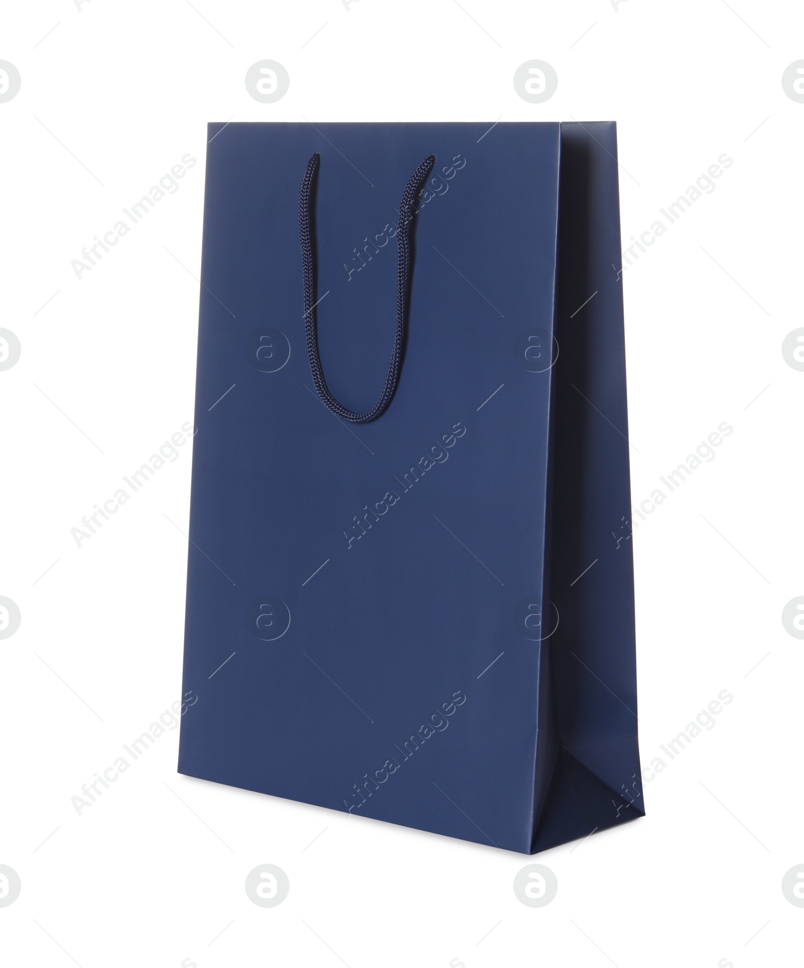 Photo of One dark blue shopping bag isolated on white