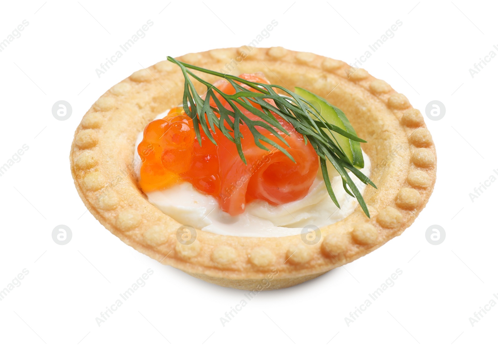 Photo of Delicious canape with salmon and red caviar isolated on white