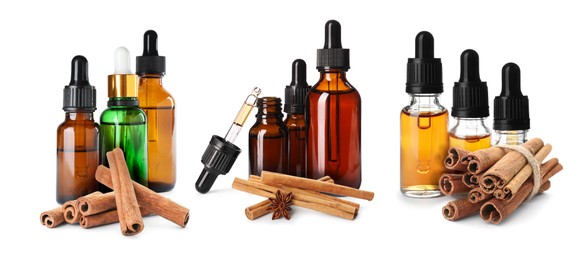 Image of Set with bottles of natural essential oil and dry cinnamon sticks on white background. Banner design