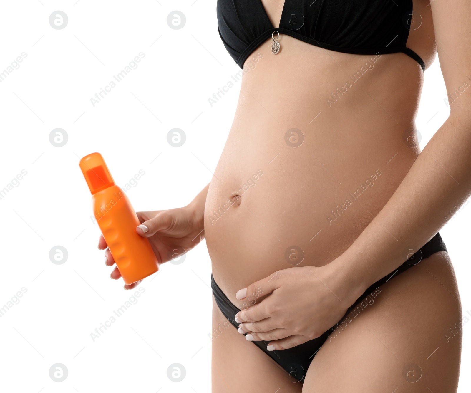 Photo of Pregnant woman with sun protection cream on white background, closeup