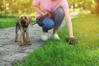 Photo of Woman picking up her dog's poop from green grass in park, closeup