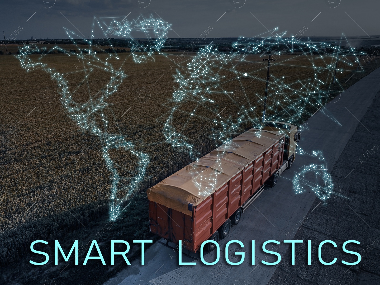 Image of Smart logistics concept. Truck on country road and world map