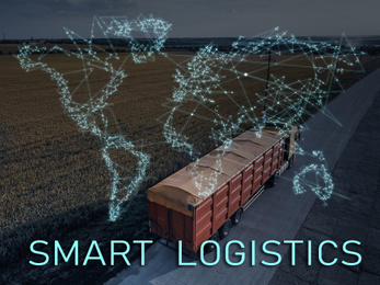 Image of Smart logistics concept. Truck on country road and world map