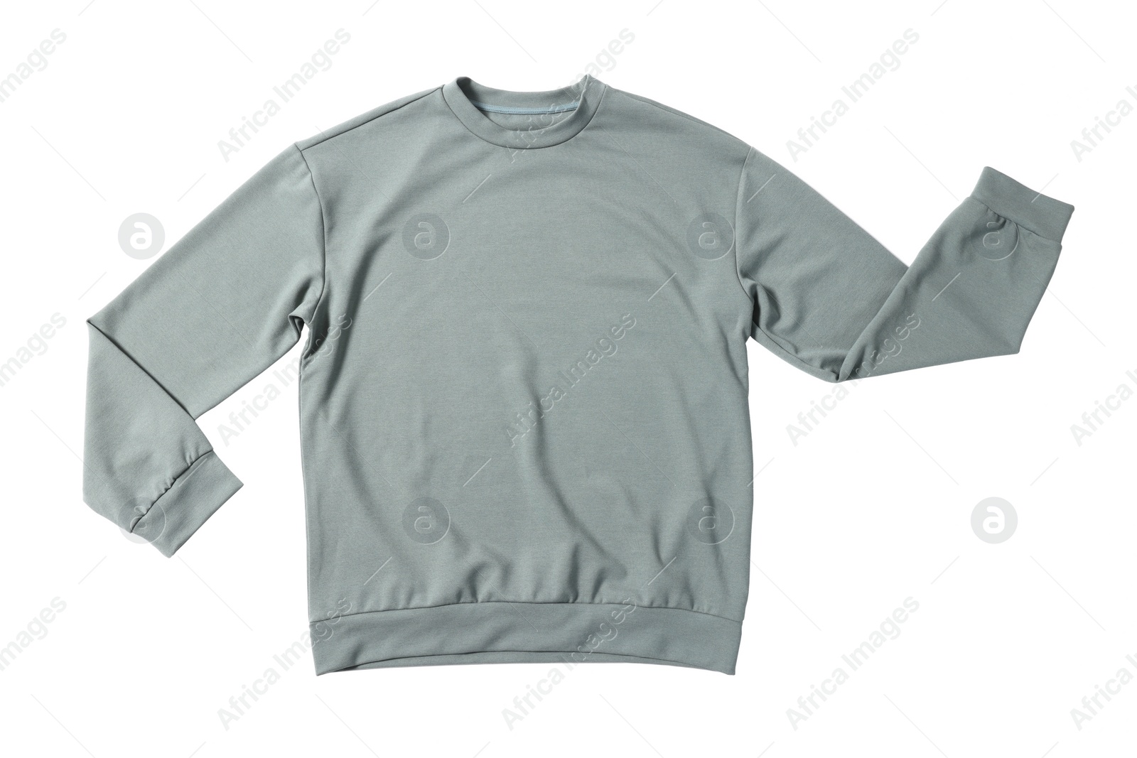 Photo of Stylish grey sweater isolated on white, top view