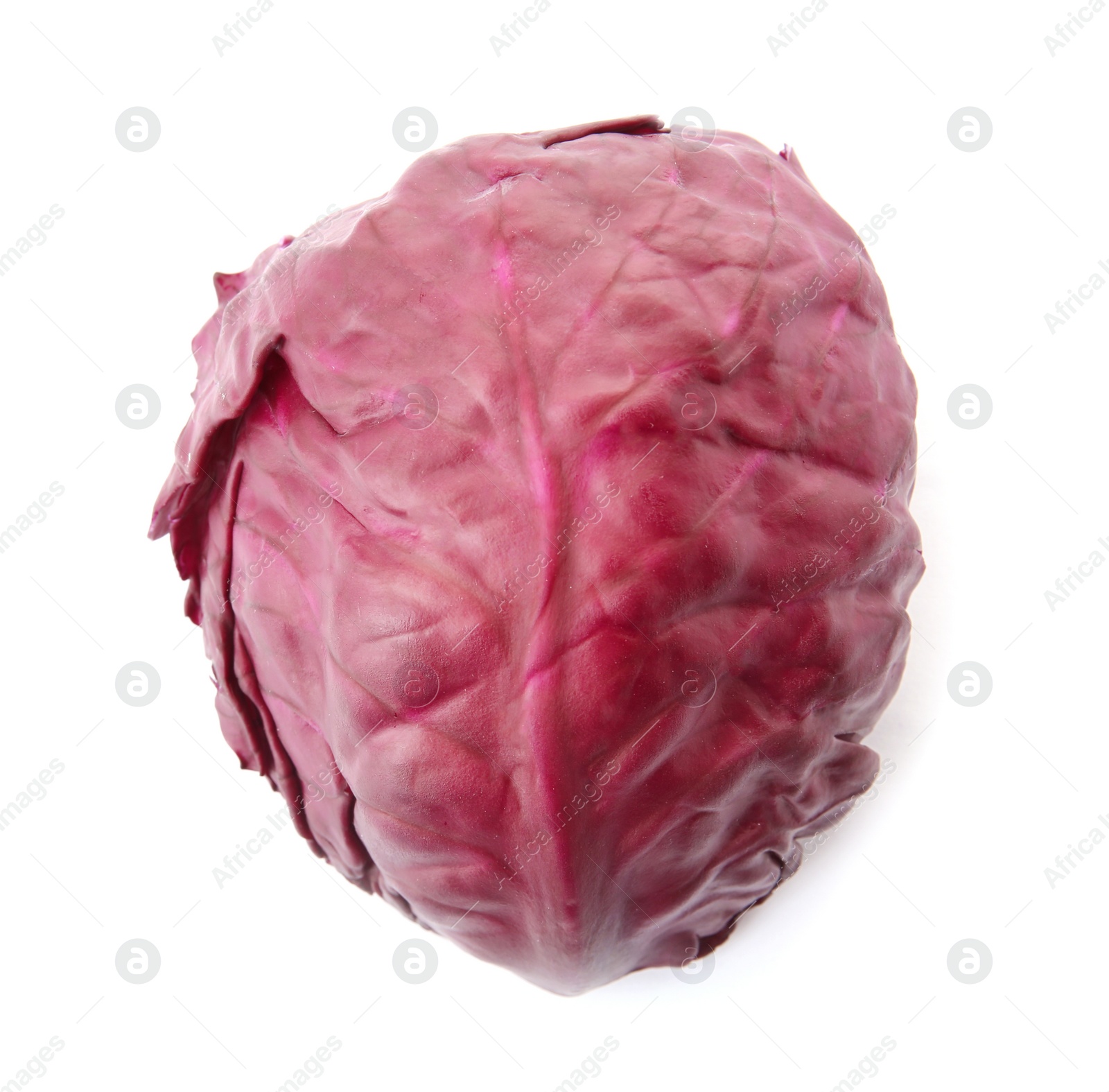 Photo of Leaf of ripe red cabbage on white background, top view