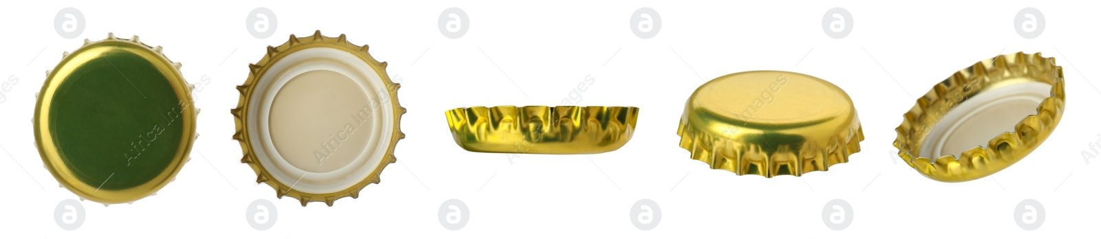 Image of Golden beer bottle cap isolated on white, different sides