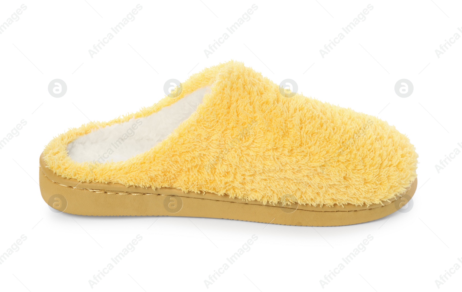 Photo of One yellow soft slipper isolated on white