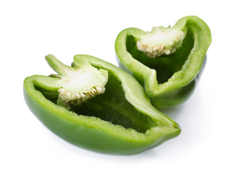 Photo of Cut green bell pepper isolated on white