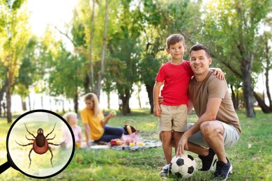 Image of Family spending time together in park and don't even suspect about hidden danger in green grass. Illustration of magnifying glass with tick, selective focus