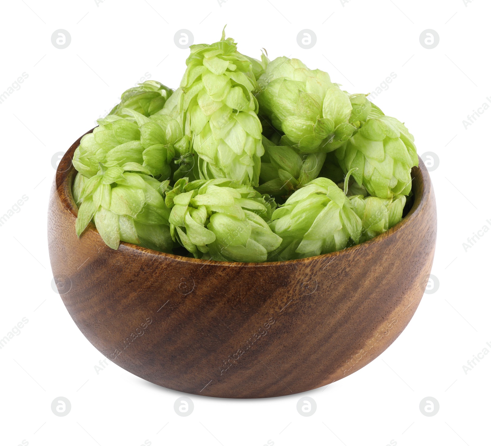 Photo of Fresh green hops in wooden bowl on white background