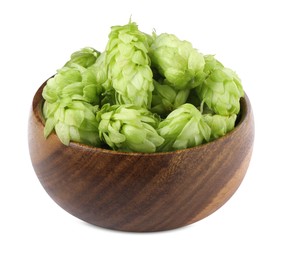 Photo of Fresh green hops in wooden bowl on white background