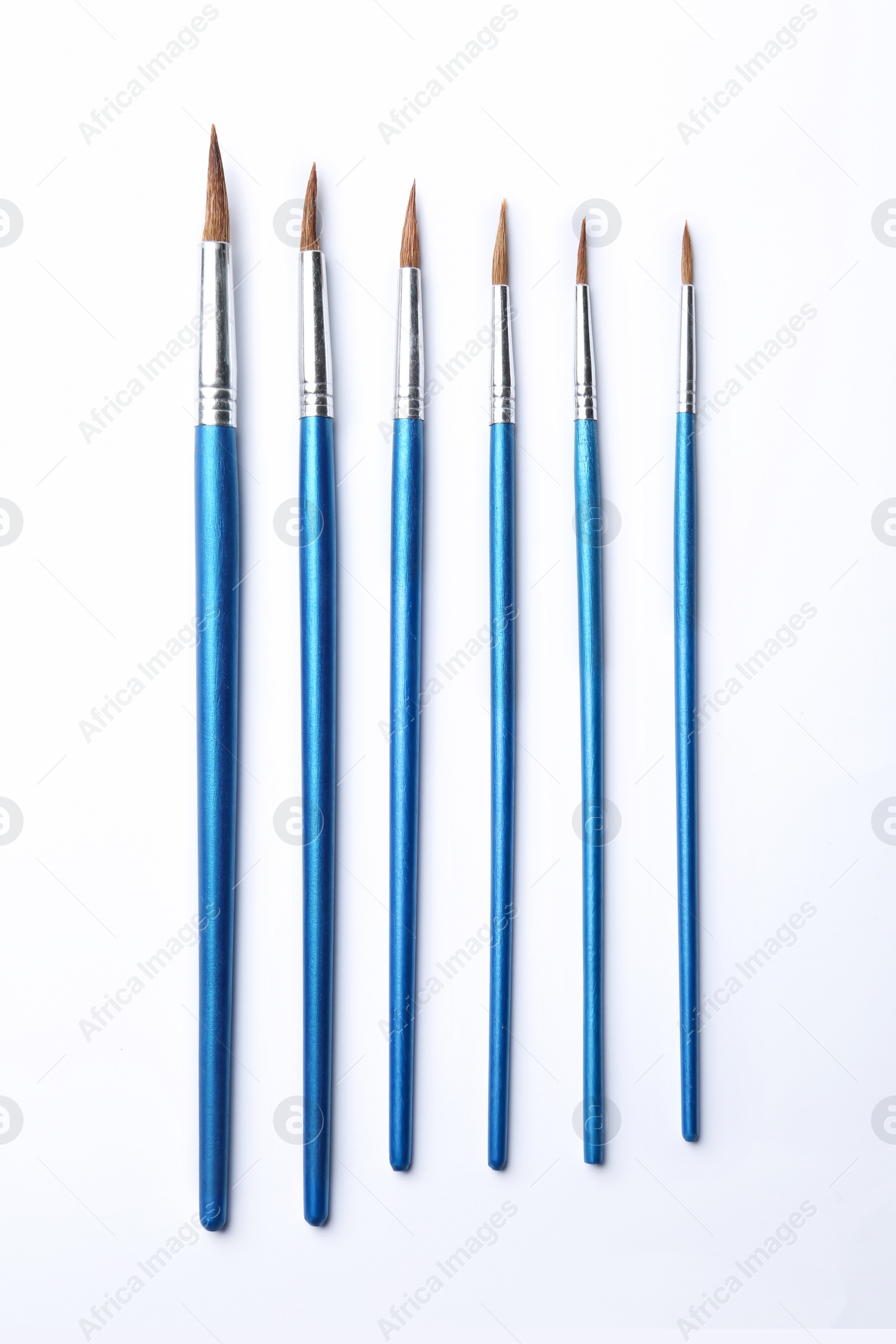 Photo of Different paint brushes on white background, top view