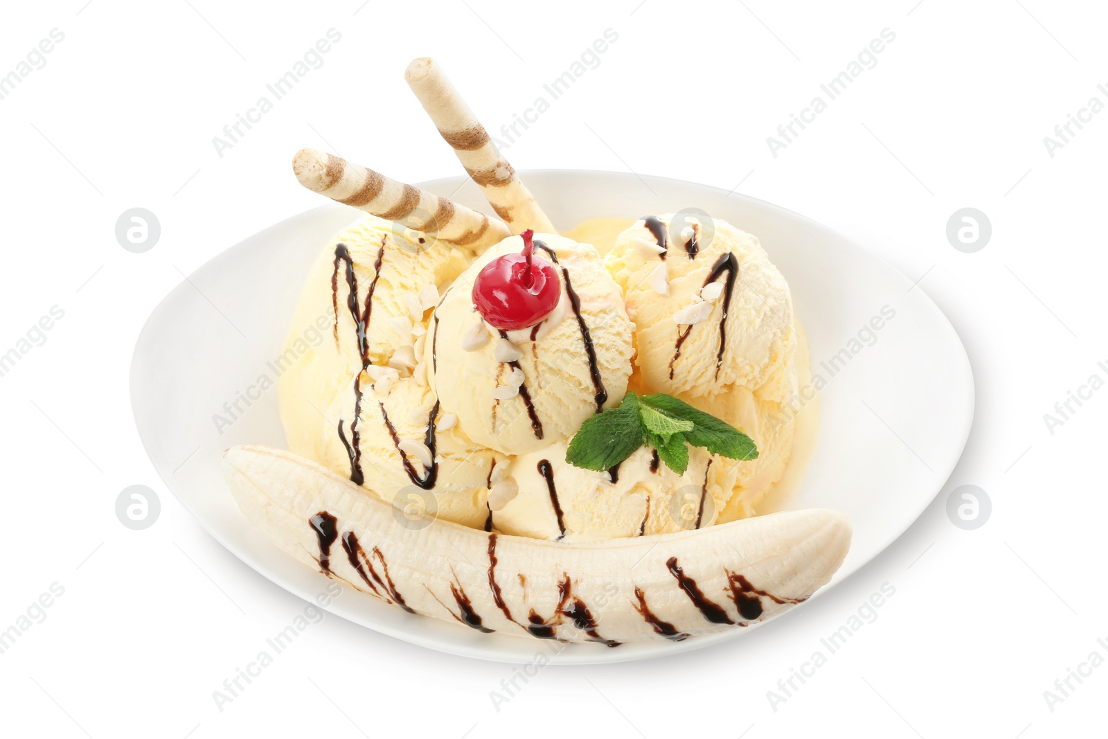 Photo of Delicious dessert with banana ice cream on white background, top view