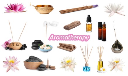 Image of Incense sticks and other items for aromatherapy on white background, collage