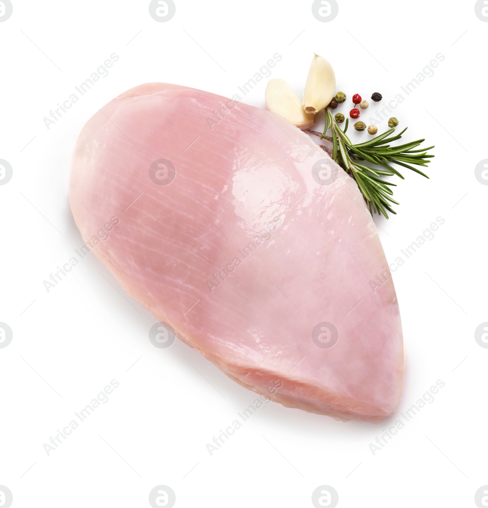 Photo of Raw turkey breast and ingredients on white background, top view