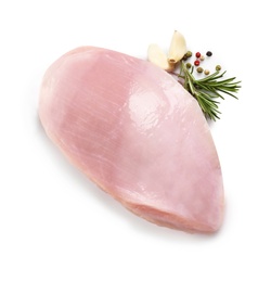 Photo of Raw turkey breast and ingredients on white background, top view