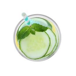 Photo of Refreshing drink with cucumber, lemon and mint isolated on white