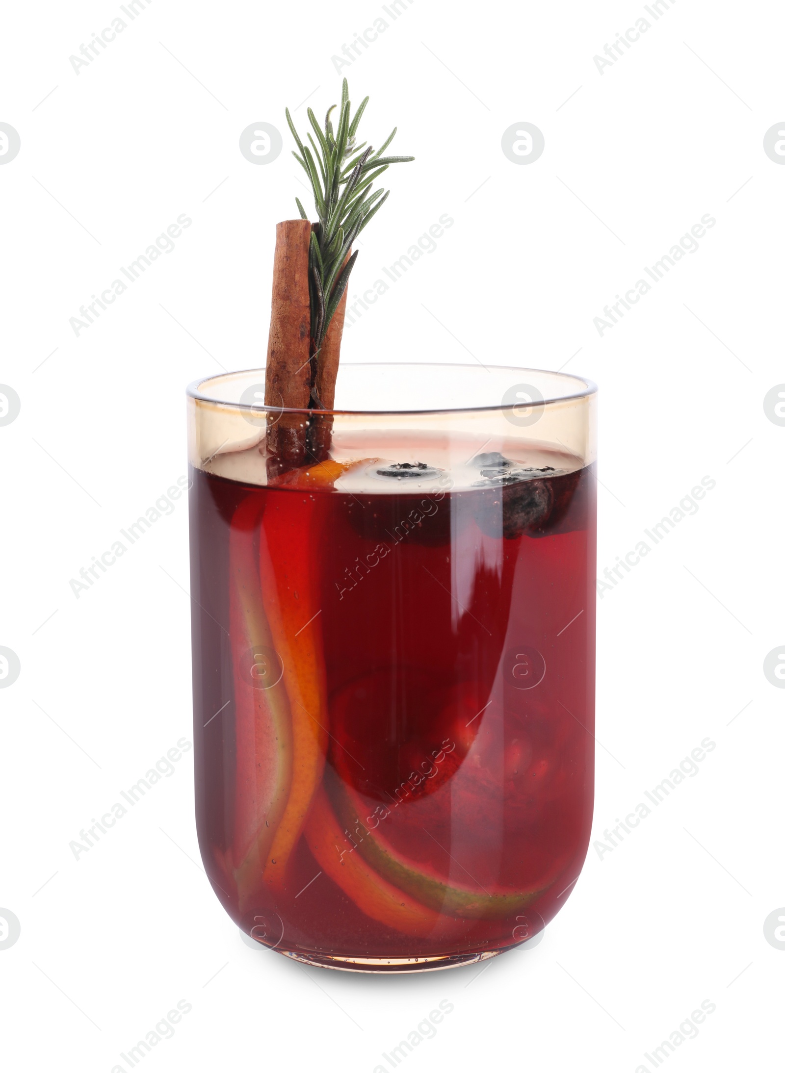 Photo of Aromatic Sangria drink in glass on white background