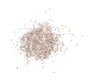 Photo of Pile of lettuce seeds on white background, top view