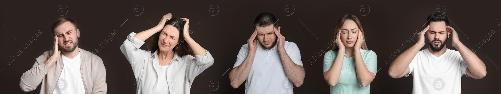 Image of Collage with photos of people suffering from headache on brown background. Banner design