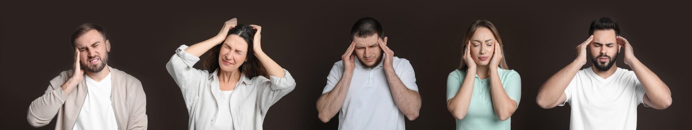 Image of Collage with photos of people suffering from headache on brown background. Banner design