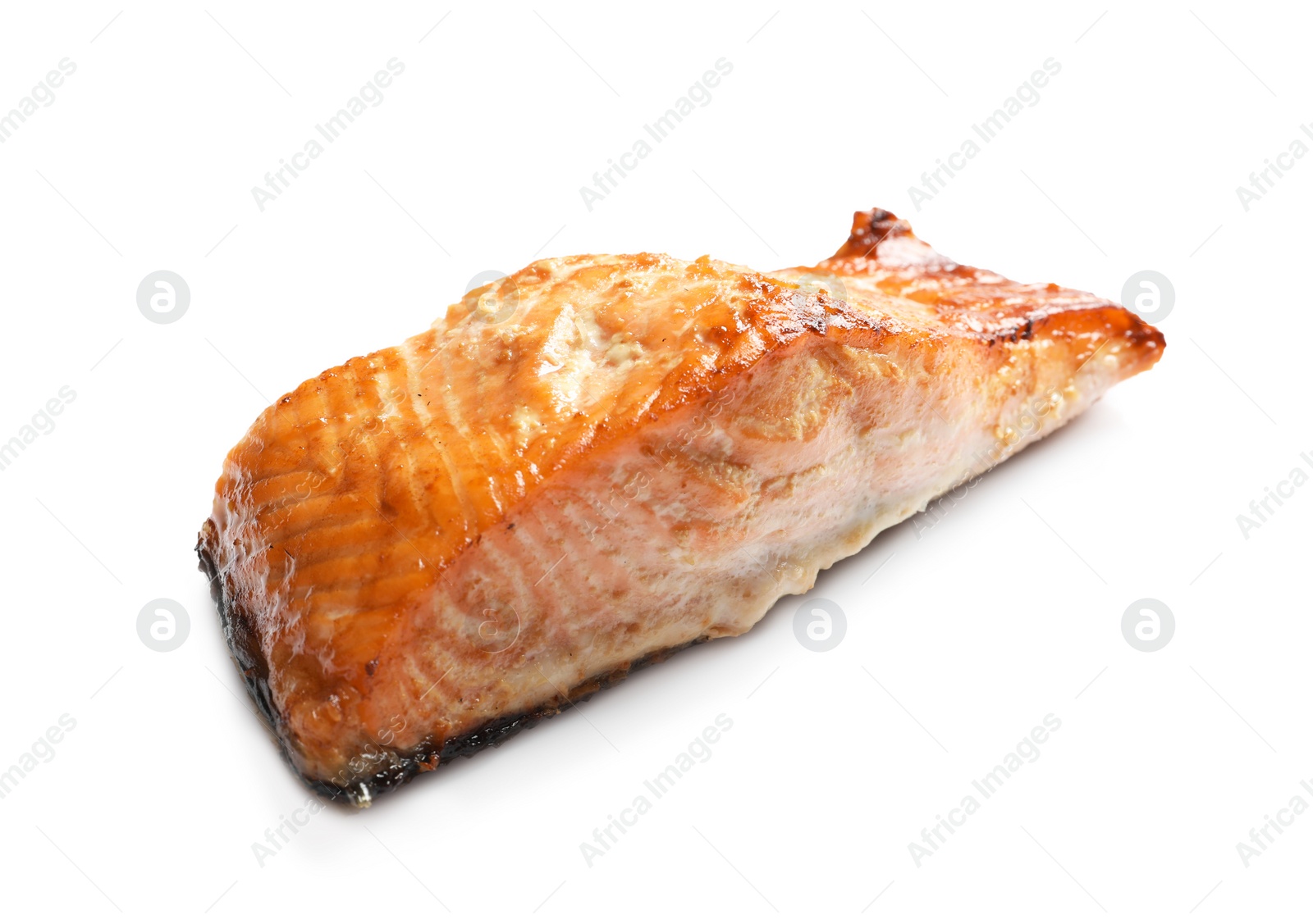 Photo of Tasty freshly cooked salmon on white background