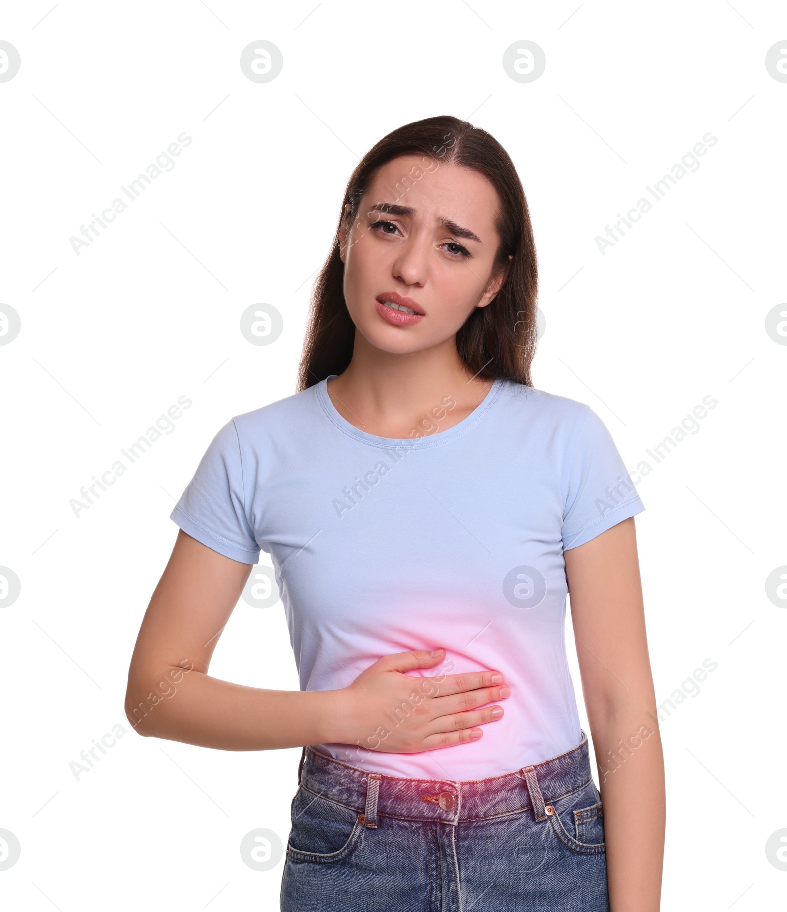 Image of Woman suffering from stomach pain on white background