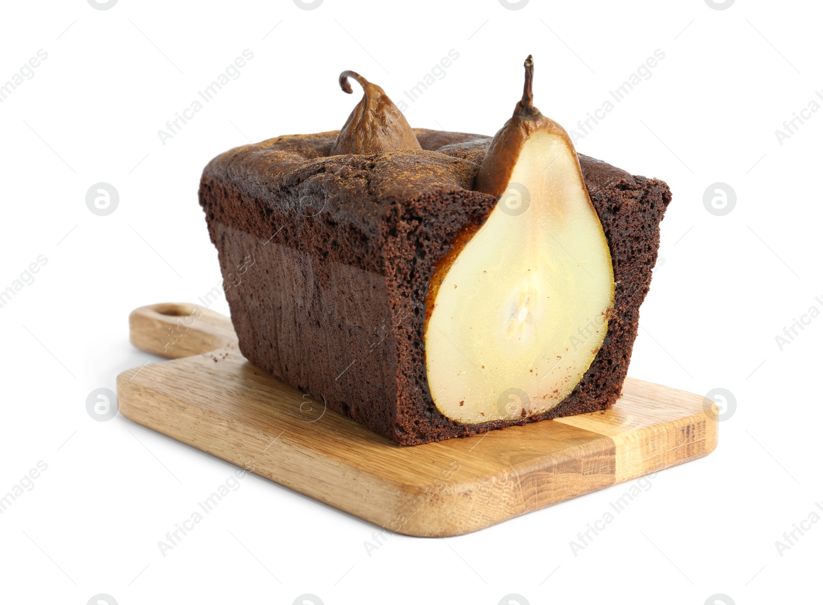 Photo of Tasty pear bread isolated on white. Homemade cake