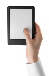 Woman using e-book reader on white background, closeup